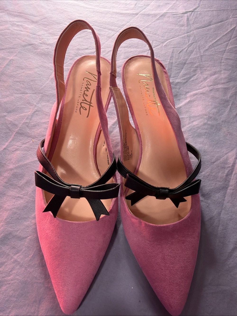 Nannette Pink Suede Pointed Toe Slingbacks with Black Bow